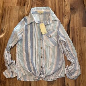 Love Notes Women’s Striped Tie Front Button Up Shirt Size Small NWT Rayon